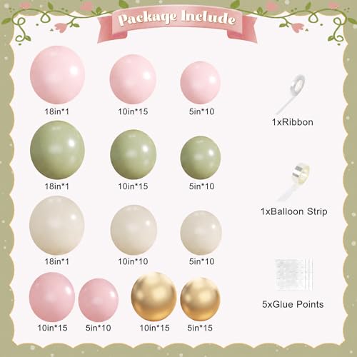 Sage Green & Pink Balloon Arch Kit - 128 Pcs for Baby Showers & Parties