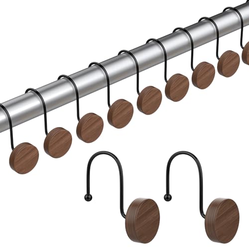 Imitation Wood Grain Shower Curtain Hooks - 12PCS Waterproof Rings