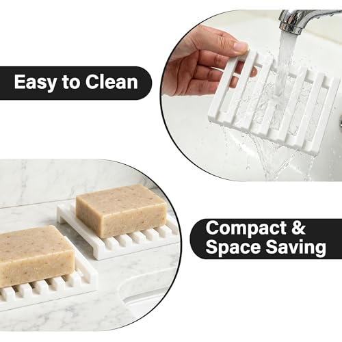 White Slotted Silicone Soap Dish - Self Draining Bathroom & Kitchen Soap Holder, Non Slip, Quick Dry