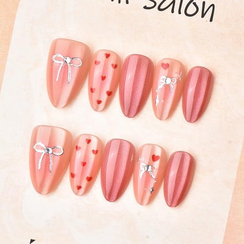 Valentine Press On Nails Medium Almond False Nails with Heart Bow