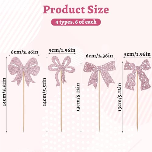 24 PCS Pink Bow Cupcake Toppers - Elegant Coquette Cake Decorations