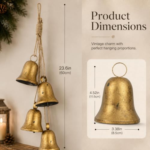 Vintage Gold Christmas Bell Cascade with Rustic Rope - Brass Variation
