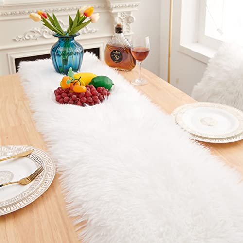 White Faux Fur Table Runner for Dresser or Dining Table - 11.8x70.8 Inch