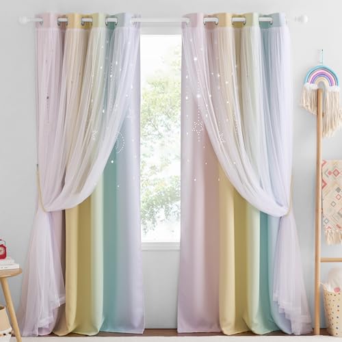 NICETOWN Nursery Blackout Curtains for Girls, 1 Panel, Moon Stars Kids Curtains Double Layer Window Drapes Coverings for Bedroom Living Room, 52 x 84 Inch, Rainbow