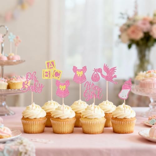 12 Rose Gold Glitter Cupcake Toppers for Baby Girl Shower