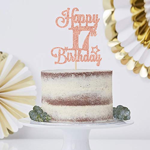 Happy 17th Birthday Cake Topper - Rose Gold Glitter Decoration