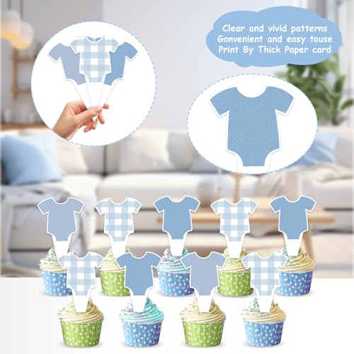 48 PCS Blue Bodysuit Cupcake Toppers for Baby Shower Party