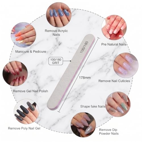CHICREEN 100/180 Grit Nail Files 12-Pack, Double-Sided Emery Boards for Acrylic & Natural Nails