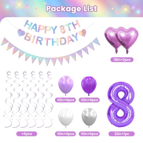 8th Birthday Decorations for Girls - Purple Silver Party Set