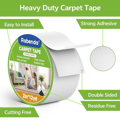 Rabenda 2 Inch x 12 Yards Double Sided Carpet Tape - Removable Rug Tape for Hardwood Floors