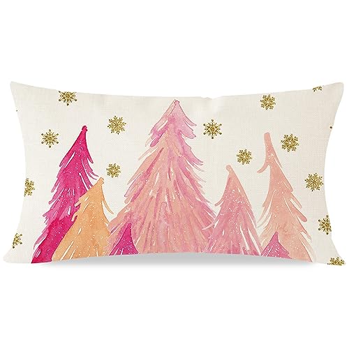 Pink Christmas Tree Pillow Cover 12x20 Snowflake Holiday Decor - Pack of 1