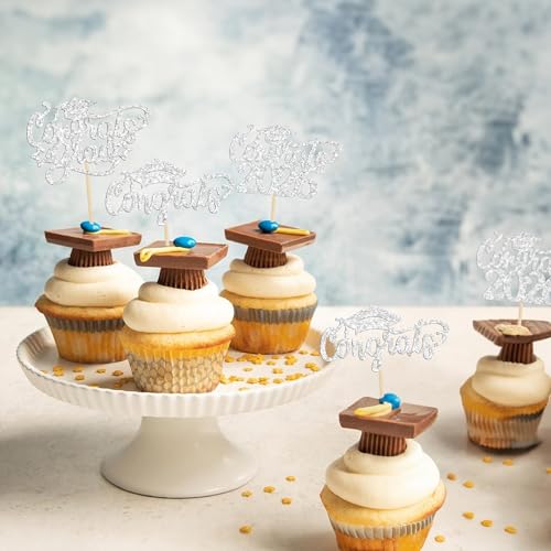24 Pcs Graduation Cupcake Toppers - Class of 2026 Glitter Decor