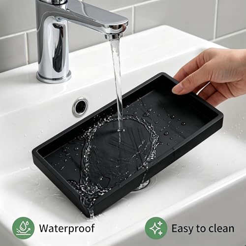 8-Inch Black Silicone Bathroom Tray - Waterproof Vanity Countertop Organizer