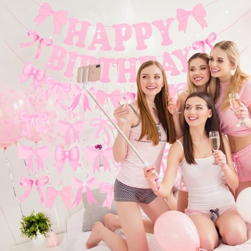 3PCS Pink Birthday Banner Set with 21 Bow Hanging Swirls