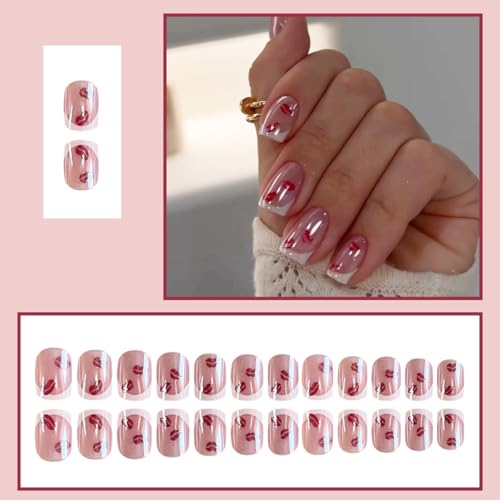 Valentine Press on Nails Short Square Chrome False Nails with Red Lip Design