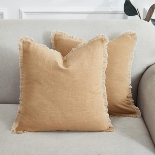Set of 2 Boho Linen Fringe Pillow Covers 18x18 Inch - Khaki