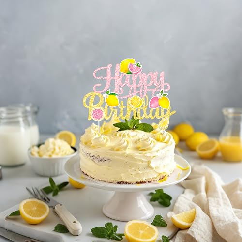 Pink & Gold Glitter Lemon Happy Birthday Cake Topper