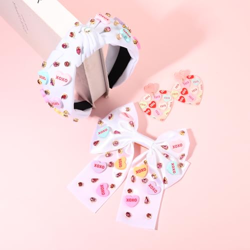 Mokkia Conversation Heart Valentine's Day Headband Hair Bow and Earrings Set