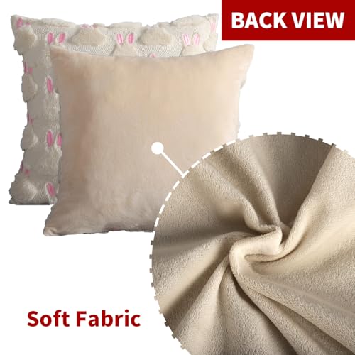 4TH Emotion Easter Rabbit Throw Pillow Covers, 18x18 Faux Fur Beige Set of 2