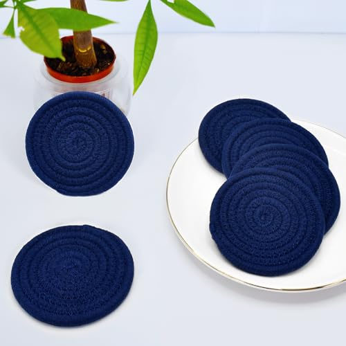 ABenkle Navy Blue Woven Coasters - 4.3 Inch Absorbent Boho Set of 6