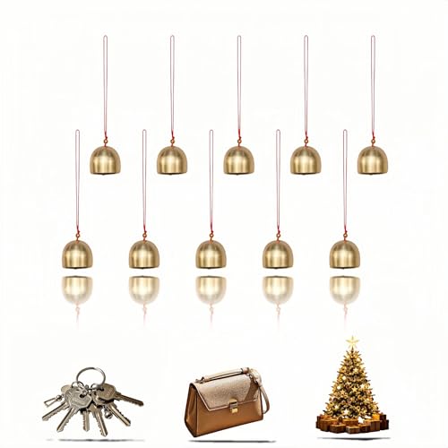 Brass Hanging Bells Set of 10 - 1.1 Inch Gold Bells for Crafts