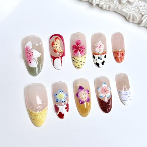 3D Flower Press On Nails Medium Almond French Tip False Nails Set
