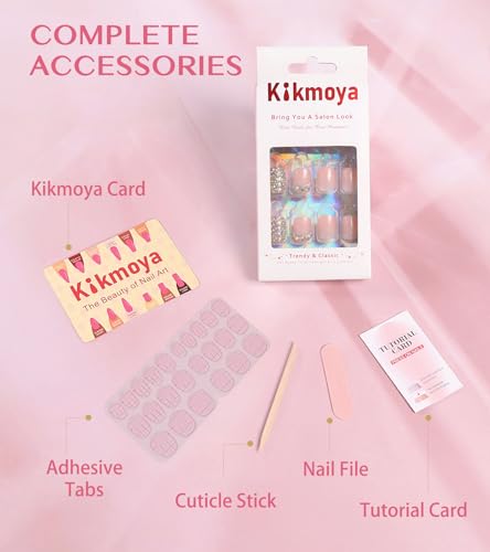 Kikmoya Short Square Press On Nails Glossy Nude Fake Nails with Rhinestones