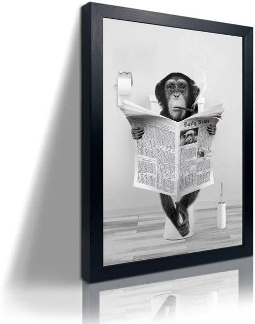 Funny Monkey Framed Wall Art - Humorous Black and White Bathroom Decor | Rustic Farmhouse Style (8"x10")