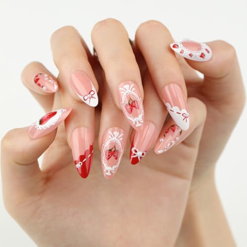 Strawberry Press On Nails Medium Almond Red French Tip False Nails