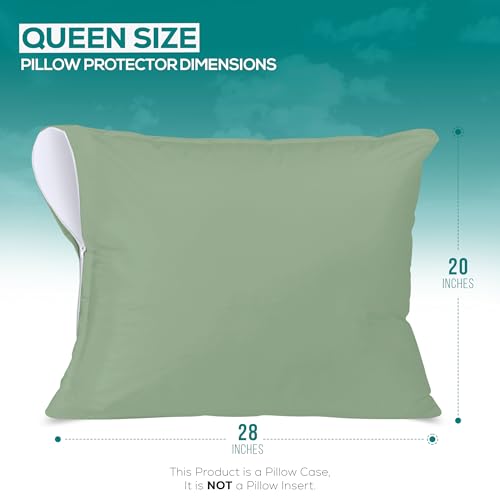 Queen Size Pillow Protectors Set of 2 with Zipper - Sage