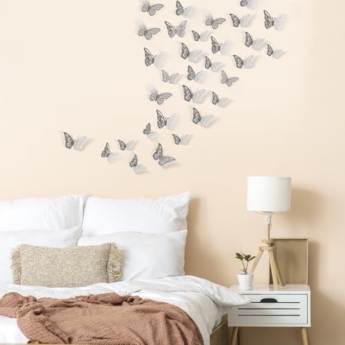 48 Pcs 3D Silver Butterfly Wall Decor - 4 Styles & Sizes
