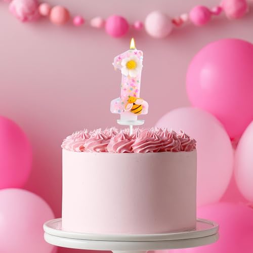 1st Birthday Candle - Shiny Pink Flower Bee Number One Cake Topper (Style 1)