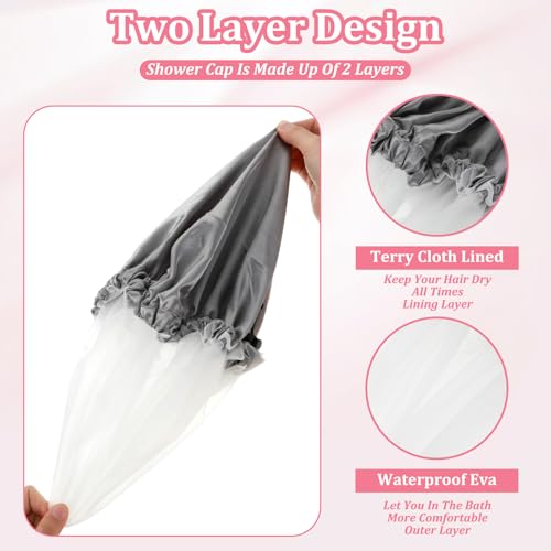 Reusable Shower Cap for Women, Waterproof Double Layer PEVA Bath Cap with Adjustable Drawstring