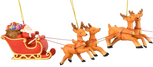 Large Santa Sleigh and Reindeer Christmas Ornament Set - Hand Painted, 17.5 Inches