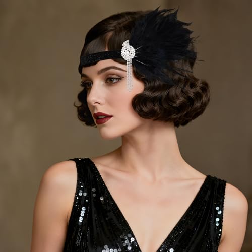 Black 1920s Flapper Headband Feather Headpiece for Women