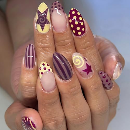 ZIFANHU Medium Almond Press on Nails Purple Brown French False Nail Kit