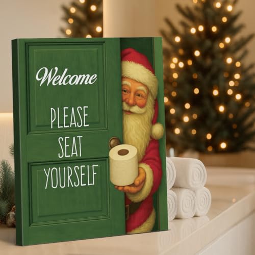 Christmas Bathroom Wall Art Print Vintage Santa Claus Canvas Frame - Seat Yourself 8x10