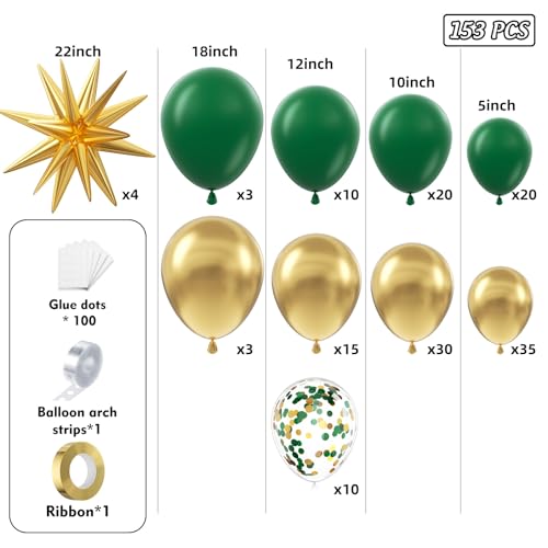 Green and Gold Balloon Arch Kit with Stars - 150 Pieces