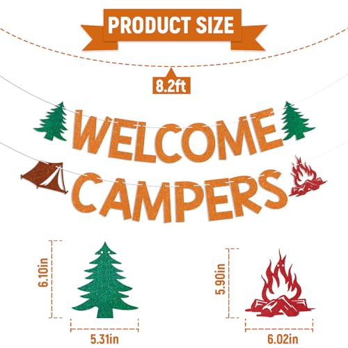 Welcome Campers Banner - Orange Glitter Camping Party Decor