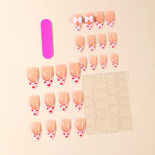 Valentine Press on Nails Short Almond White French Tip Heart Bow 24Pcs