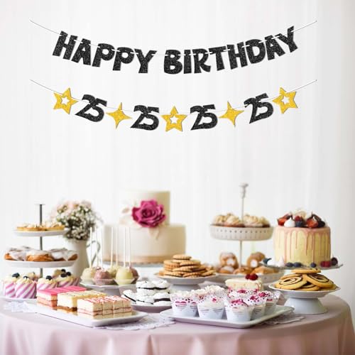 Happy 25th Birthday Banner - Pre-Strung Black & Gold Decorations