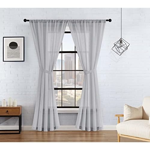 Lucky Brand - Onyx Textured Sheer Curtain | Window Panel Curtains | Lightweight Drapes | Set of 2 Panels with 2 Tiebacks | Sheer | Rod Pocket Header | Measures 52" x 84" | Light Grey