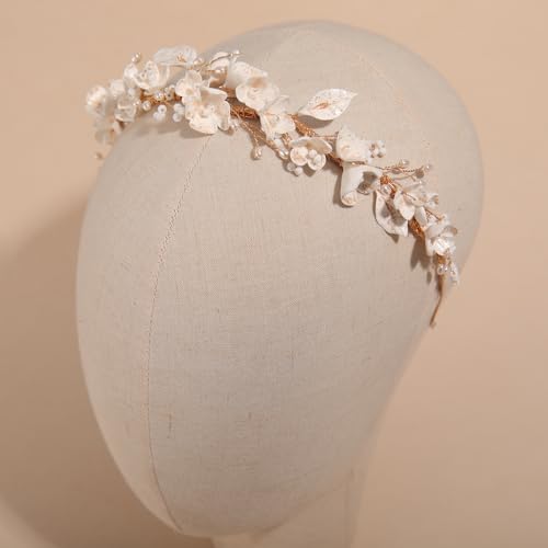 SELFCLOUD Gold Bridal Headband with Handmade Resin Flowers and Pearls
