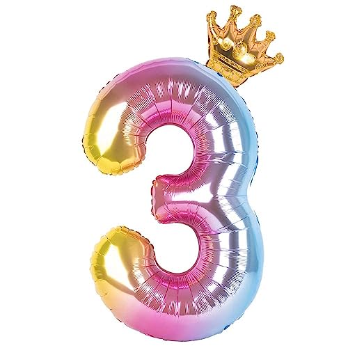 40 Inch Rainbow Gradient Number 3 Balloon with Crown - Reusable Foil