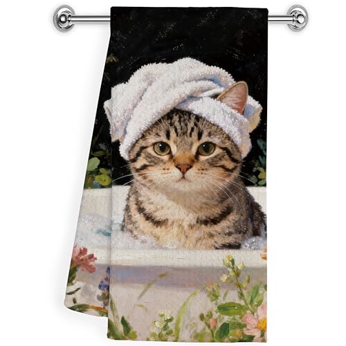 Funny Tabby Cat Hand Towel - Cat Bath Decorative Floral Kitchen Towel 16x24