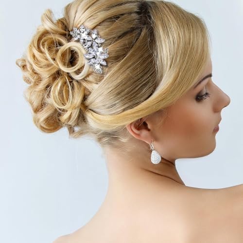 Ahltoiex 2 Pcs Rhinestone Silver Flower Hair Clips for Bridal Wedding