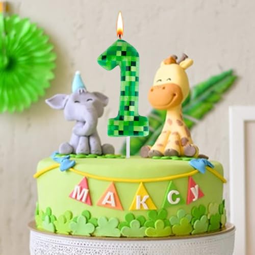 Pixel Miner Number 1 Birthday Candle - Green TNT Theme Cake Topper