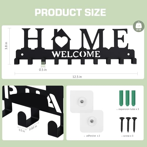 Metal Key Holder Wall Mount with 12 Hooks - Black Adhesive Hanger
