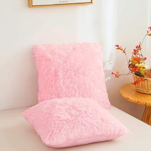 Besfunny Pink Faux Fur Throw Pillow Covers 18"x18", Soft Fuzzy Set of 2