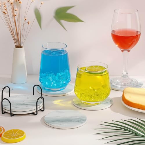Acejoz 6-Piece Blue Marble Ceramic Coaster Set with Metal Holder